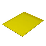 A rectangular, flat, bright yellow cooling plate serving tray with slightly raised edges, shown on a white background and viewed from an angled perspective. The smooth surface highlights its use for cold holding and presentation.