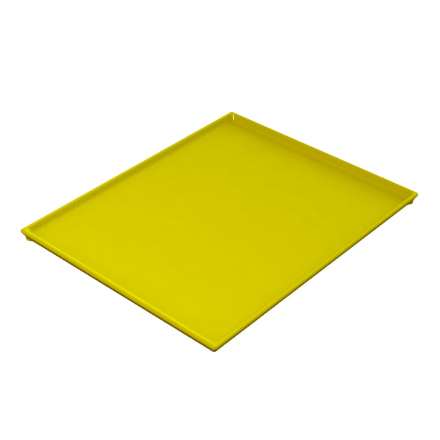 A rectangular, flat, bright yellow cooling plate serving tray with slightly raised edges, shown on a white background and viewed from an angled perspective. The smooth surface highlights its use for cold holding and presentation.