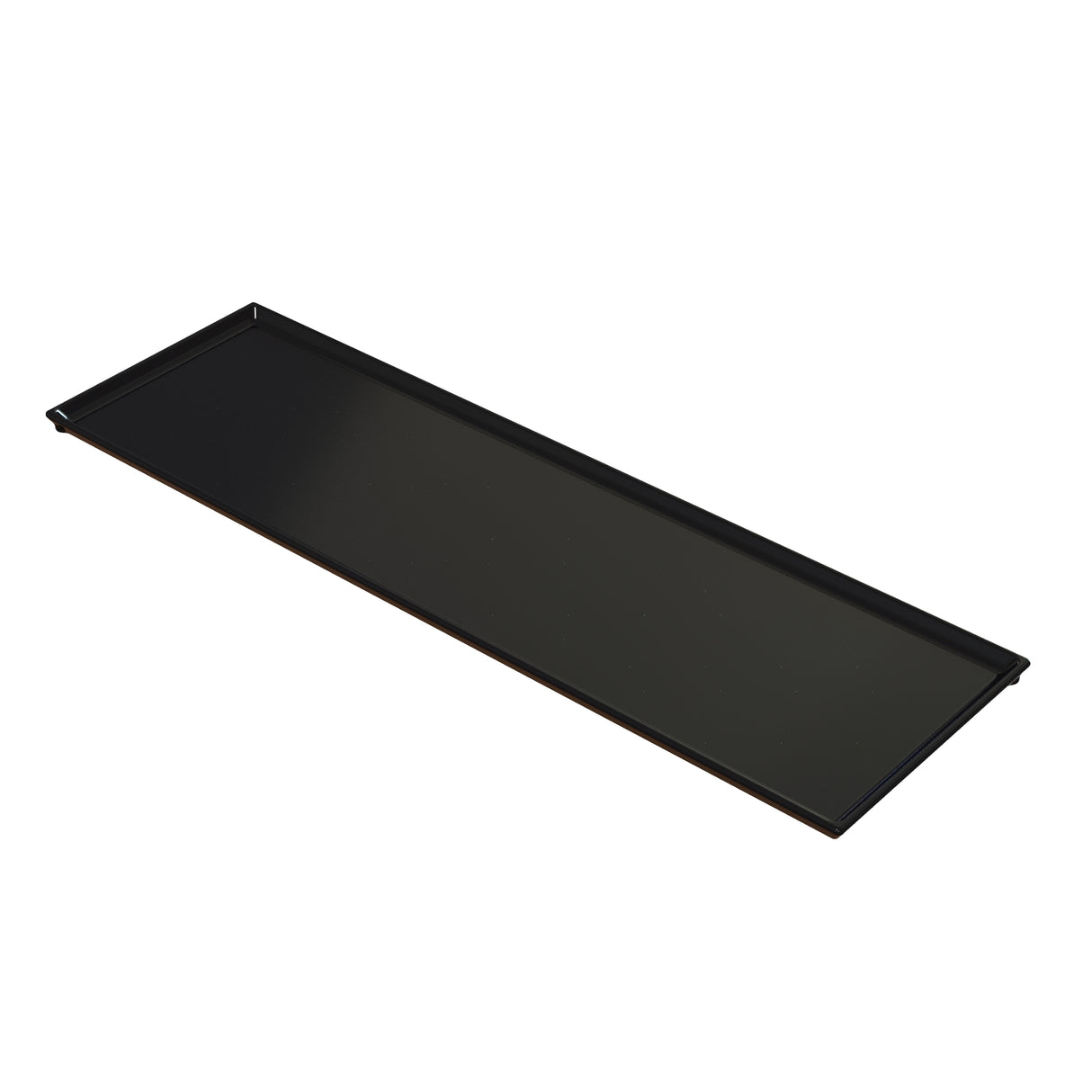 A rectangular, flat, black cooling plate serving tray with slightly raised edges on all sides, viewed from an angle against a white background. Made of cast aluminum, its smooth and glossy surface is thin and elongated—ideal for serving or organizing items.