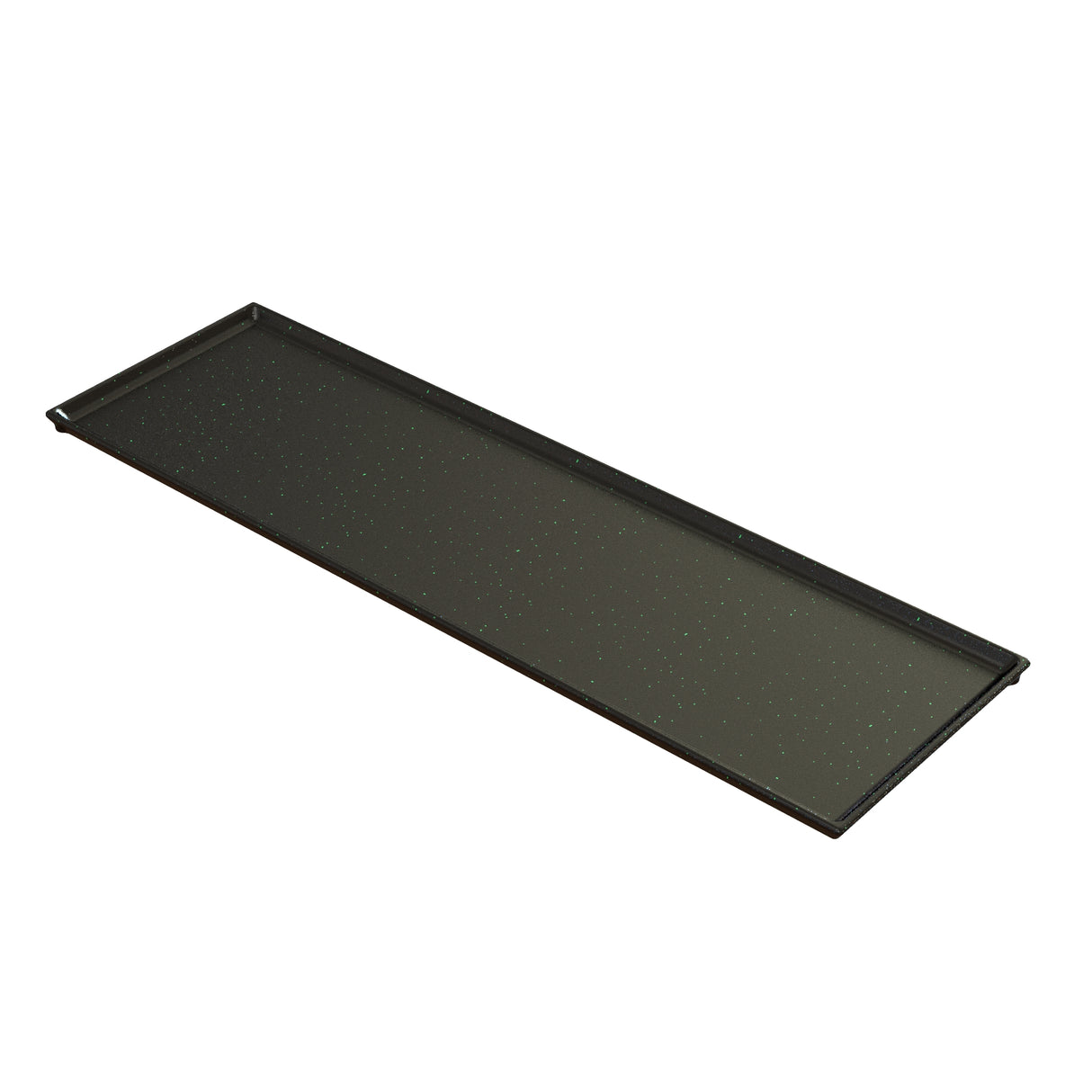 A long, rectangular black metal cooling plate serving tray with a flat surface and slightly raised edges. This thin Duracoat coated cast aluminum tray features a smooth finish with faint, evenly spaced dimples across its surface against a white background.