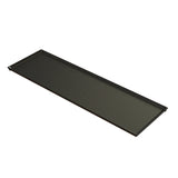 A long, rectangular black metal cooling plate serving tray with a flat surface and slightly raised edges. This thin Duracoat coated cast aluminum tray features a smooth finish with faint, evenly spaced dimples across its surface against a white background.