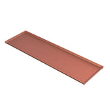 A rectangular, flat serving tray with raised edges on three sides, finished in a modern copper finish. The tray features a smooth surface and minimalist design, viewed from a slightly elevated angle against a white background.