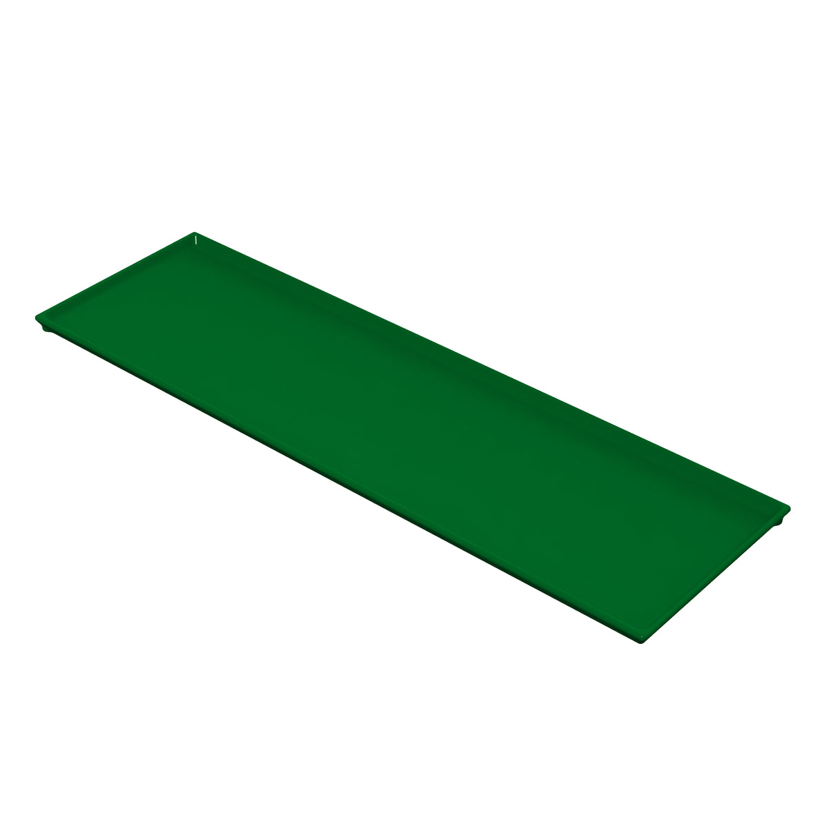 A flat, rectangular, dark green cast aluminum serving tray is shown on a white background. The tray has slightly raised edges and a smooth surface, viewed at an angle from above, highlighting its elongated shape and simple design.