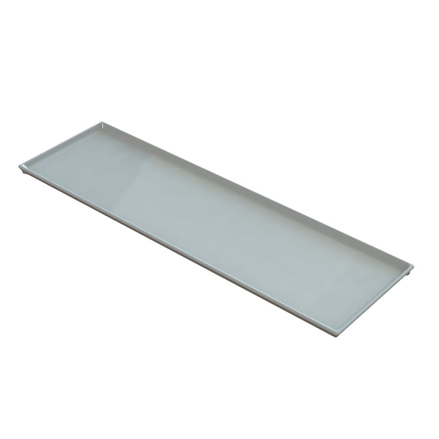 A rectangular, flat, silver-colored Duracoat coated cast aluminum serving tray with raised edges on all sides, shown at an angle against a plain white background. Its smooth surface makes it ideal as a lightweight cold holding tray.