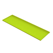 A rectangular, lime-green plastic tray with raised edges, shown isolated on a white background and viewed from a slightly angled perspective. This serving tray is suitable for cold holding or organizing items, appearing flat and smooth.