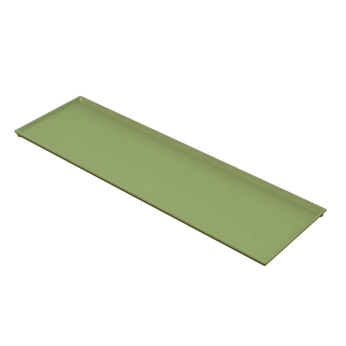 A rectangular, flat, olive-green serving tray made of cast aluminum with slightly raised edges is shown against a white background. The minimalist tray features a smooth surface, no handles or patterns, and offers understated elegance.