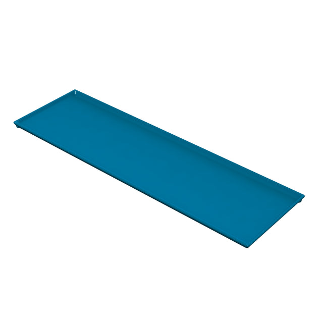 A rectangular, flat, blue cooling plate serving tray with slightly raised edges, viewed at an angle on a white background. The tray is simple, smooth, and unadorned.