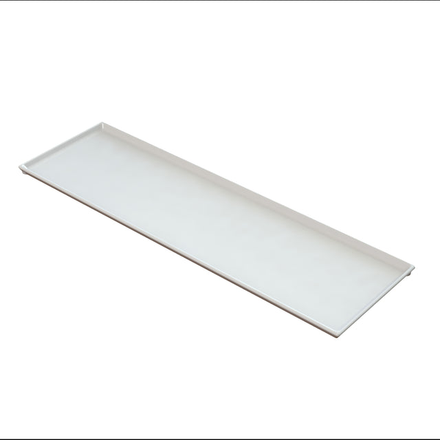 A rectangular, flat, white cold holding tray with slightly raised edges is shown on a plain white background. This Duracoat coated cast aluminum tray has a smooth surface and is viewed from an angled, top-down perspective.