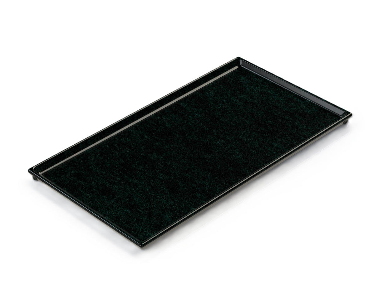 A rectangular black cooling plate serving tray with raised edges, made of glossy material, is placed on a white background. The tray is viewed at an angle, highlighting its depth and clean, minimalist design.