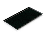A rectangular black cooling plate serving tray with raised edges, made of glossy material, is placed on a white background. The tray is viewed at an angle, highlighting its depth and clean, minimalist design.