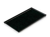 A rectangular black cooling plate serving tray with raised edges, made of glossy material, is placed on a white background. The tray is viewed at an angle, highlighting its depth and clean, minimalist design.