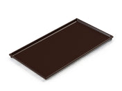 A rectangular, dark brown Cooling Plate Serving Tray with slightly raised edges sits on a white background. Made from Duracoat coated cast aluminum, its smooth, glossy surface and shallow sides prevent items from sliding off. Emptied and angled to show depth.
