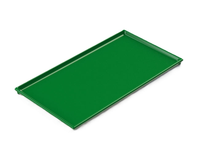 A rectangular, flat green cast aluminum tray with raised edges is shown on a white background. The cooling plate serving tray is viewed at an angle, highlighting its smooth surface and defined corners.