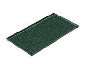 A rectangular dark green Duracoat coated cast aluminum cooling plate serving tray with raised edges, textured surface, and slightly elevated corners; it's photographed on a white background at an angle to highlight its depth and detailed design.