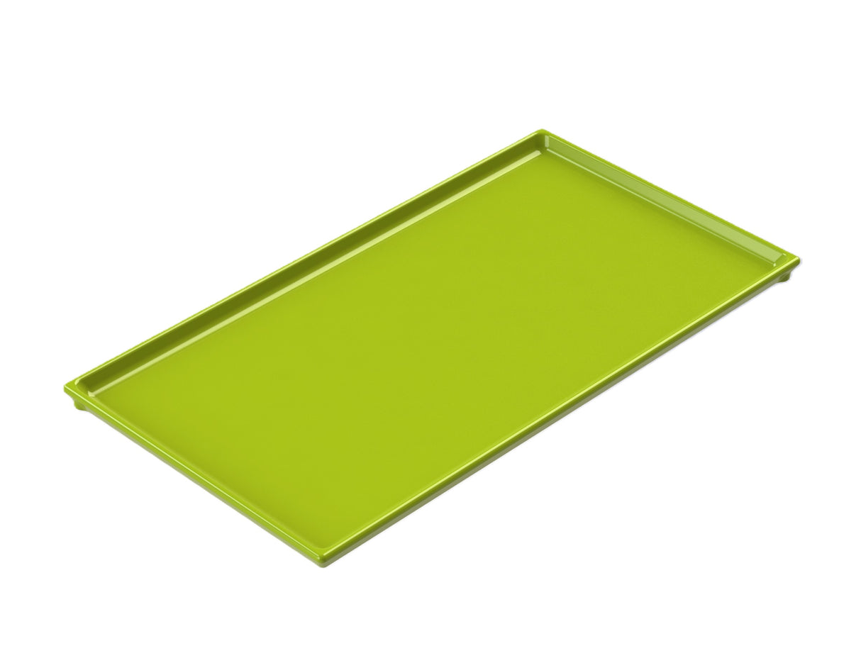 A green rectangular cast aluminum tray on a white background, perfect as a cooling plate serving tray.