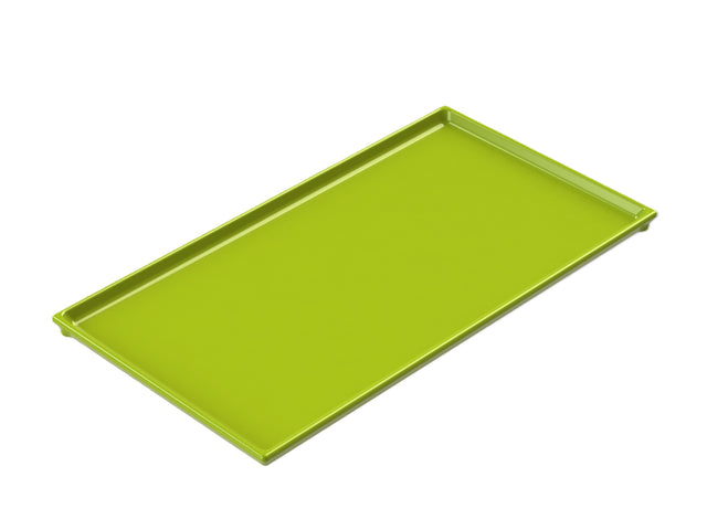 A green rectangular cast aluminum tray on a white background, perfect as a cooling plate serving tray.