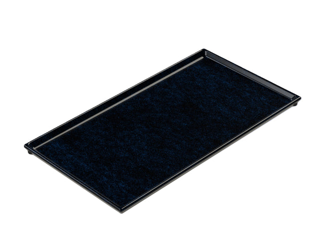 A rectangular black Cooling Plate Serving Tray with short raised edges, viewed at an angle on a white background. Made from Duracoat coated cast aluminum, the tray appears empty and has a slightly textured surface.