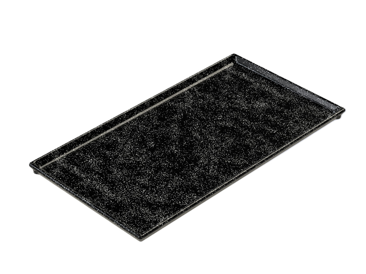 A rectangular, black Cooling Plate Serving Tray with speckled white patterns, photographed on a white background. The tray features slightly raised edges and a smooth, glossy surface, ideal for cold holding and stylish presentation.