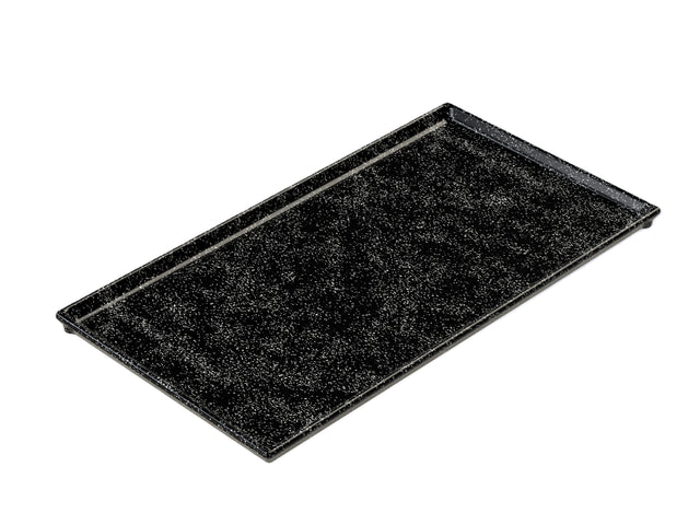 A rectangular, black Cooling Plate Serving Tray with speckled white patterns, photographed on a white background. The tray features slightly raised edges and a smooth, glossy surface, ideal for cold holding and stylish presentation.