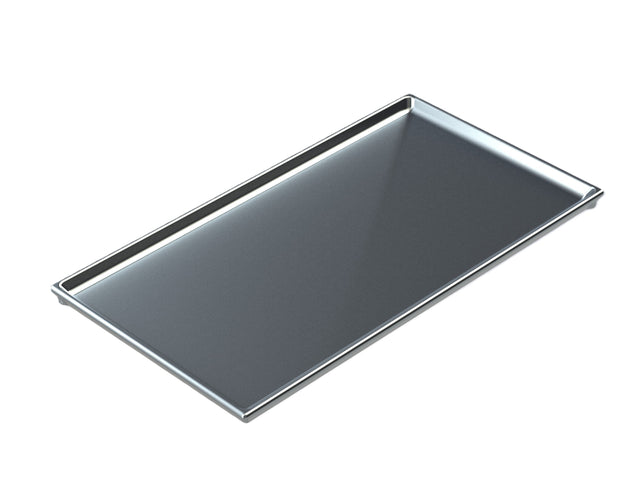 A rectangular, flat cast aluminum tray with raised edges on three sides sits on a white background. The surface is smooth and reflective, giving the empty tray a clean, modern look—ideal as a cooling plate serving tray.