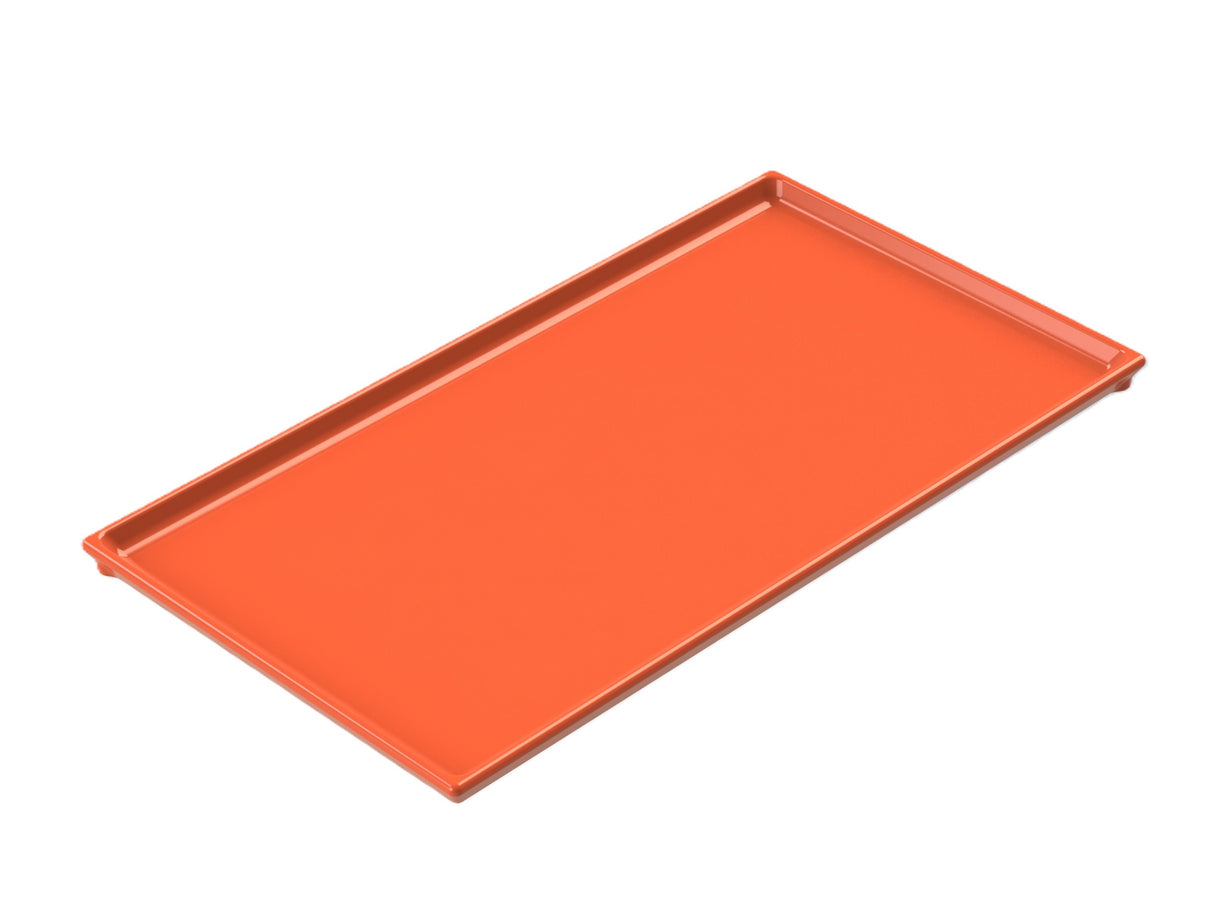 A rectangular, flat orange Duracoat coated aluminum tray with raised edges on all sides, shown against a white background. The tray is simple and unadorned, with slightly rounded corners and a smooth, glossy finish. Perfect as a cold holding tray.