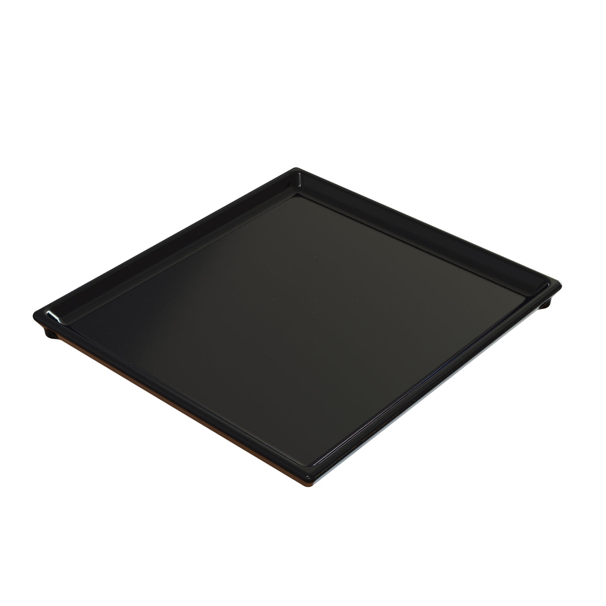 A black, square cast aluminum baking tray with slightly raised edges, viewed from an angle. The tray has a glossy finish and smooth surface, perfect for baking or roasting, and is set against a plain white background.