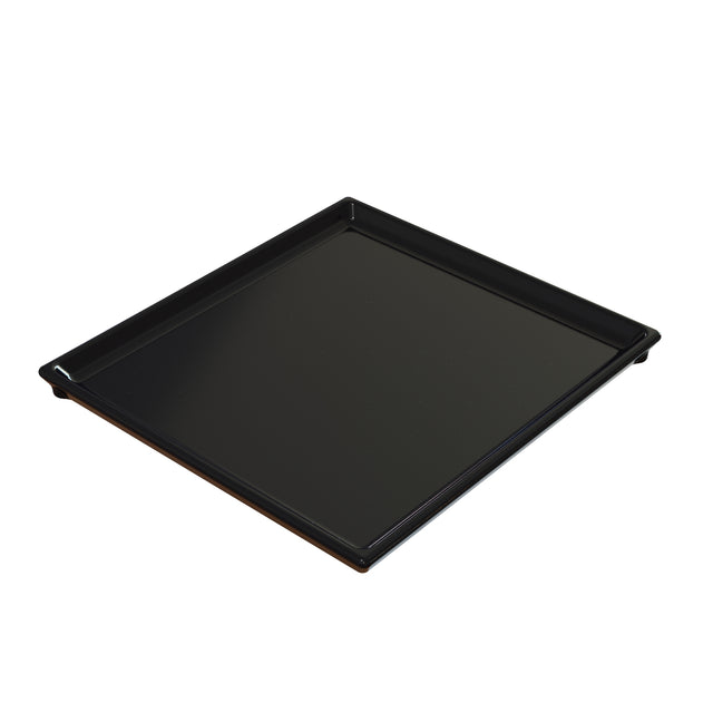 A black, square cast aluminum baking tray with slightly raised edges, viewed from an angle. The tray has a glossy finish and smooth surface, perfect for baking or roasting, and is set against a plain white background.