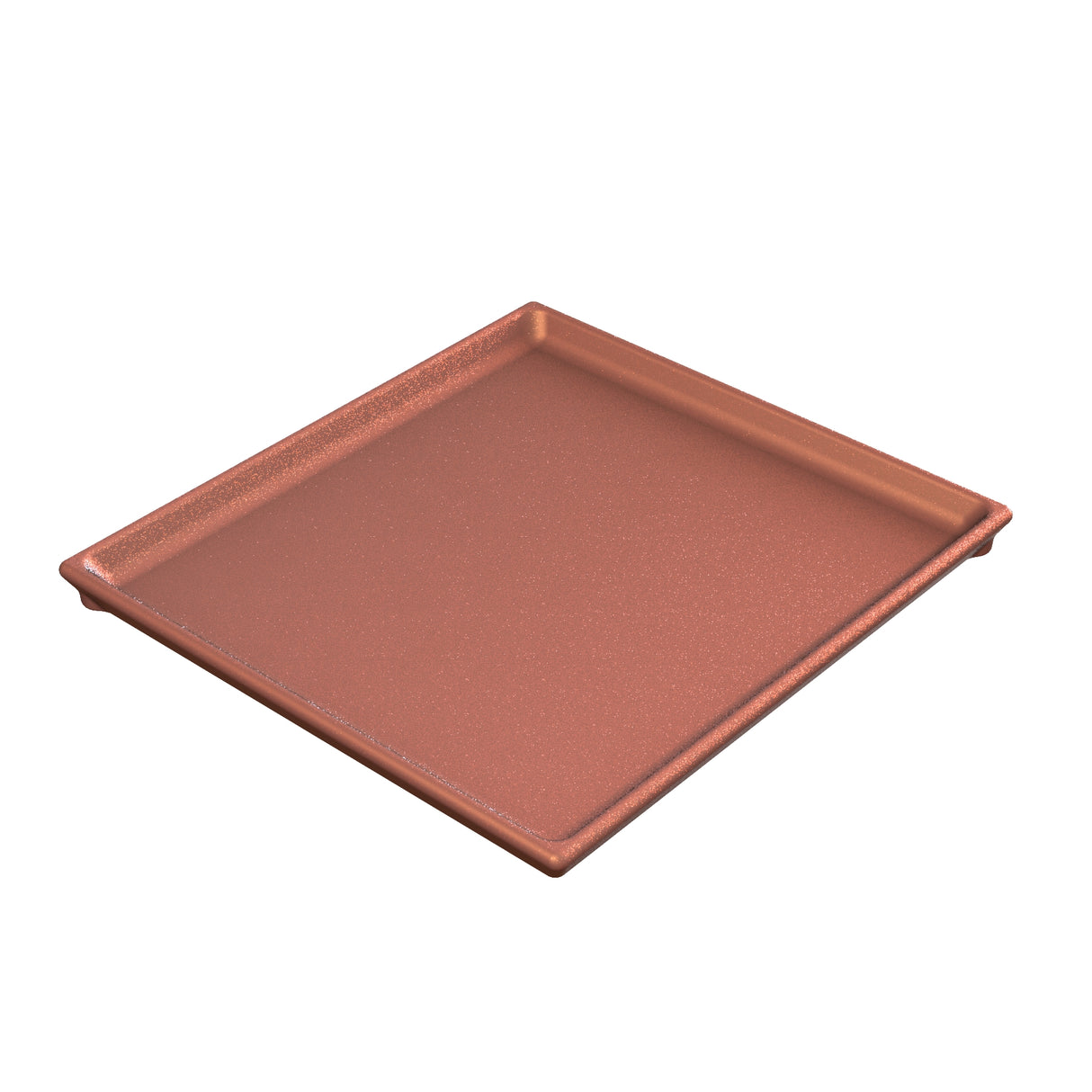A square, copper-colored Duracoat coated cast aluminum baking sheet with raised edges is shown on a white background. Its non-stick, smooth surface boasts a subtle metallic sheen and flat base, photographed at a slight angle.