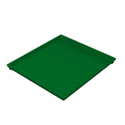 A green, square cooling plate serving tray with slightly raised edges and a smooth, glossy surface is shown on a white background. The tray appears empty and is photographed from an angle that highlights its depth and finish.