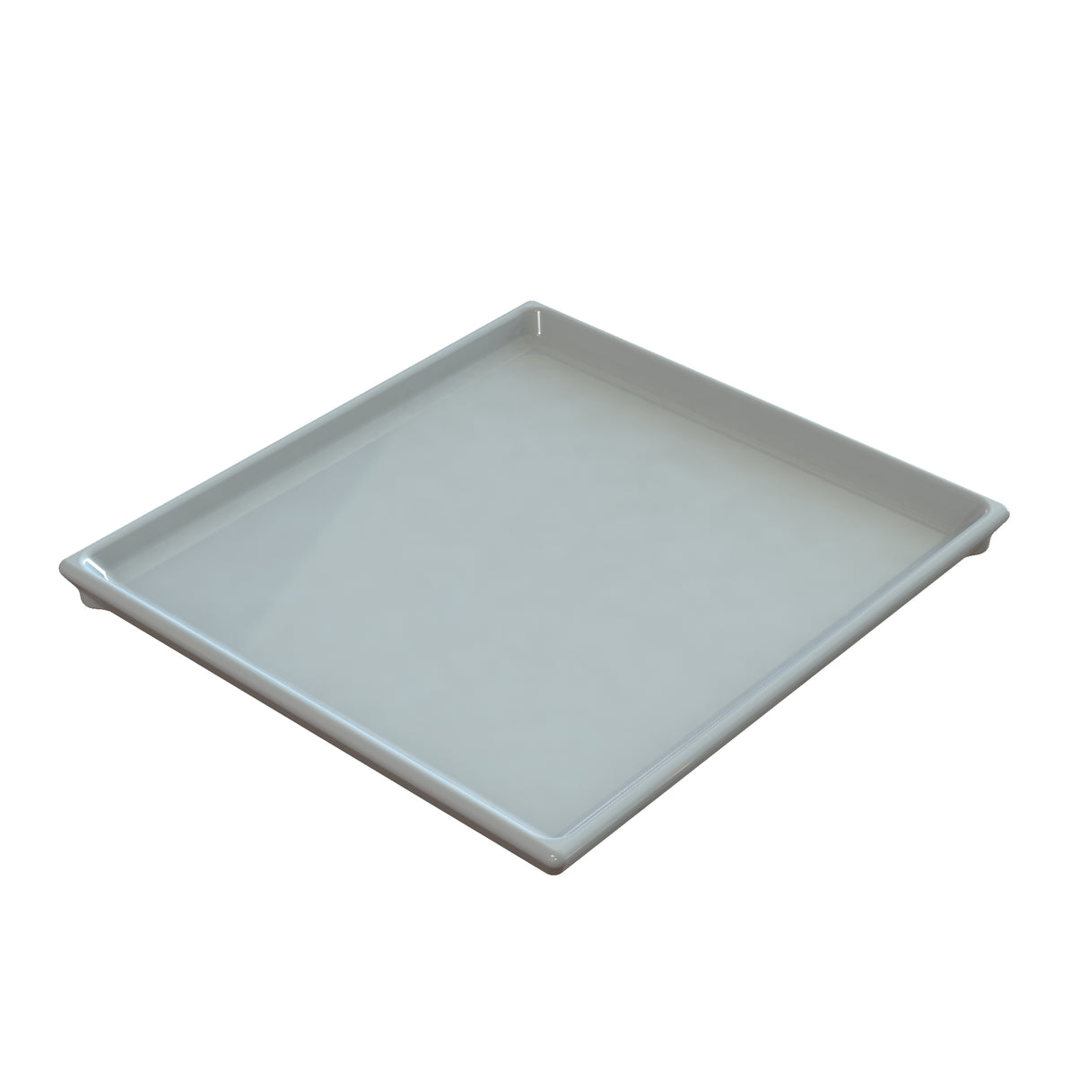 A plain, square, white ceramic serving tray with slightly raised edges and a glossy finish, viewed at an angle on a white background. The tray is empty and minimalistic in design.