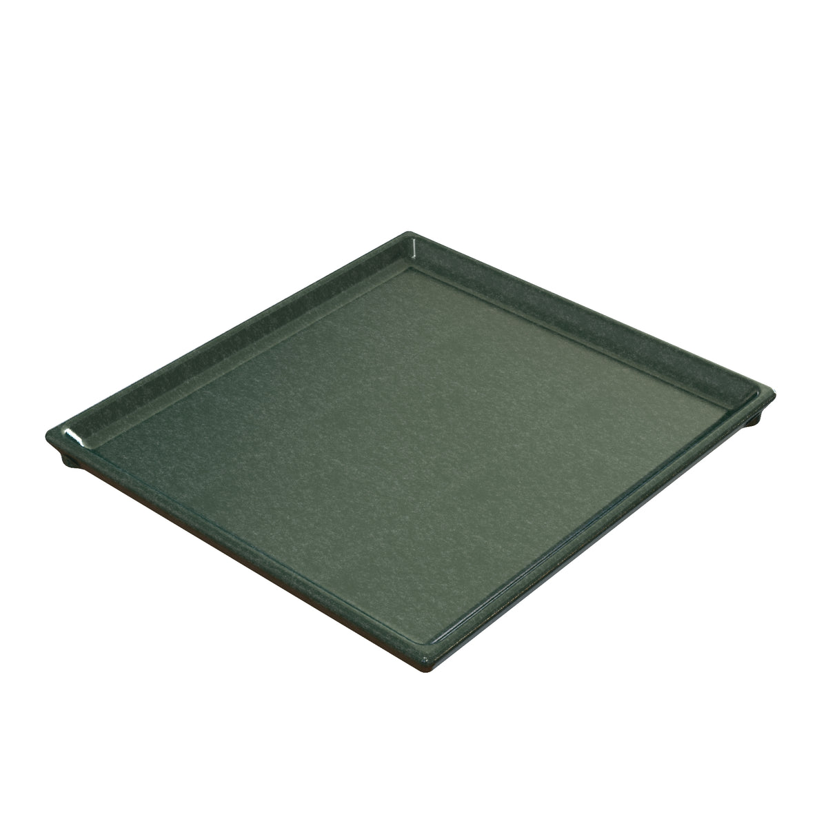 A square, dark green Duracoat coated cast aluminum tray with slightly raised edges on all sides. The cooling plate serving tray has a smooth, matte surface and is photographed against a white background to highlight its depth and edges.