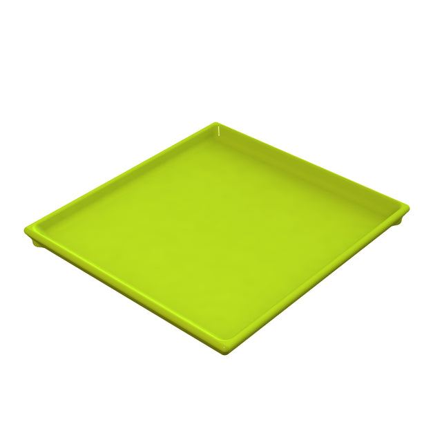 A bright green, square serving tray with slightly raised edges. The surface is smooth and flat, and the corners are gently rounded. Placed against a white background, the tray appears clean and empty.