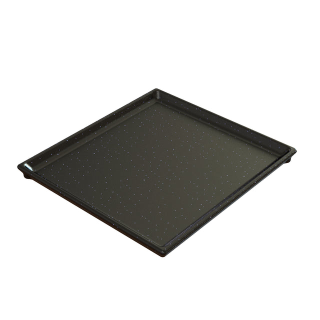 A square, black cast aluminum baking tray with a slight lip and small white speckles evenly distributed across its surface, shown on a white background. The tray appears sturdy and is designed for use in ovens.