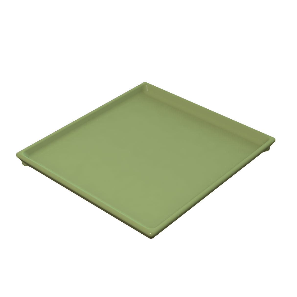 A square, shallow serving tray with slightly raised edges and rounded corners, shown in a solid olive green color. Crafted from cast aluminum, the tray is photographed at an angle against a plain white background.