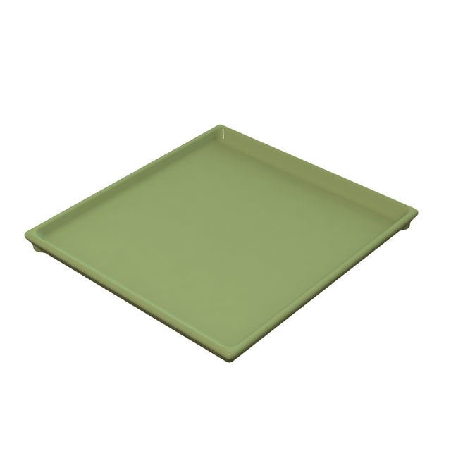 A square, shallow serving tray with slightly raised edges and rounded corners, shown in a solid olive green color. Crafted from cast aluminum, the tray is photographed at an angle against a plain white background.