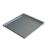 A shiny, rectangular cast aluminum baking tray with slightly raised, smooth edges is shown against a white background. The NSF-certified tray appears clean and empty, viewed from an angle that highlights its depth and flat surface.
