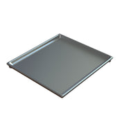 A shiny, rectangular cast aluminum baking tray with slightly raised, smooth edges is shown against a white background. The NSF-certified tray appears clean and empty, viewed from an angle that highlights its depth and flat surface.