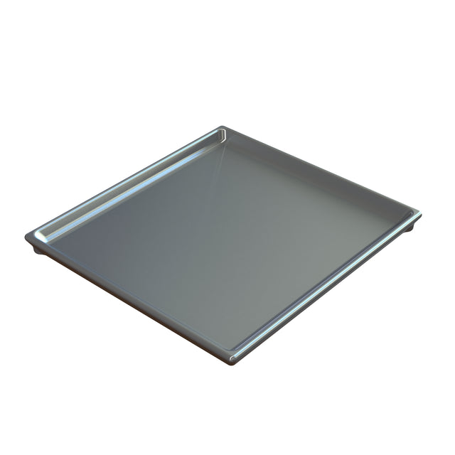 A shiny, rectangular cast aluminum baking tray with slightly raised, smooth edges is shown against a white background. The NSF-certified tray appears clean and empty, viewed from an angle that highlights its depth and flat surface.
