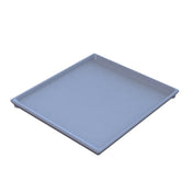 A plain, light gray, square cooling plate serving tray with shallow sides, viewed at an angle on a white background. The tray has a smooth surface and slightly rounded corners, with no visible patterns or textures.