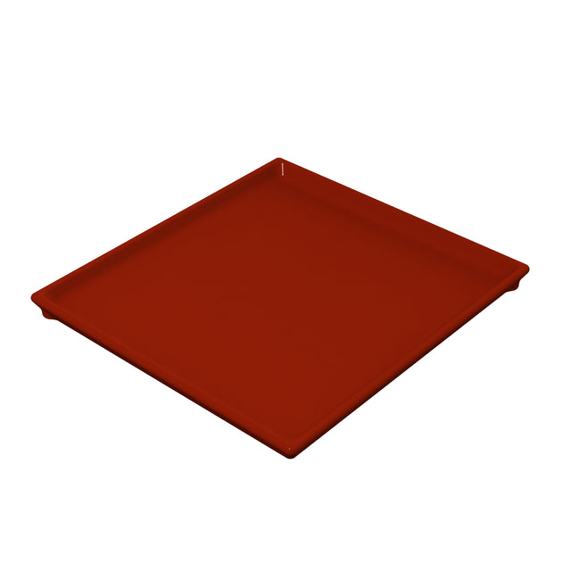 A square, shallow tray with a smooth surface and slightly raised edges is shown. This cast aluminum cooling plate serving tray is solid red-brown in color, perfect for cold holding. The plain white background emphasizes its shape and color.