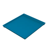 A plain, square, teal blue plastic serving tray with raised edges. Designed for cold holding, the tray is empty and shown on a white background, viewed from an angle that displays both the top and two sides.