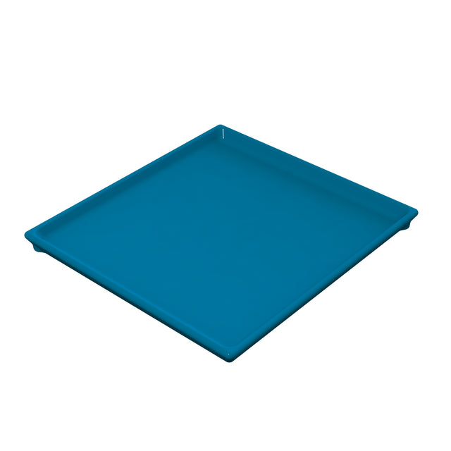 A plain, square, teal blue plastic serving tray with raised edges. Designed for cold holding, the tray is empty and shown on a white background, viewed from an angle that displays both the top and two sides.
