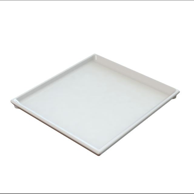 A plain, white, square cooling plate serving tray crafted from Duracoat coated cast aluminum is shown on a white background. The tray features low raised edges and a smooth, glossy surface, appearing empty and viewed from a slightly angled perspective.