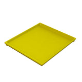 A square, bright yellow cooling plate serving tray with slightly raised edges, shown on a white background. The cast aluminum tray appears clean and empty, with smooth, rounded corners and a shallow depth.