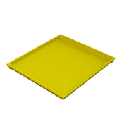 A square, bright yellow cooling plate serving tray with slightly raised edges, shown on a white background. The cast aluminum tray appears clean and empty, with smooth, rounded corners and a shallow depth.