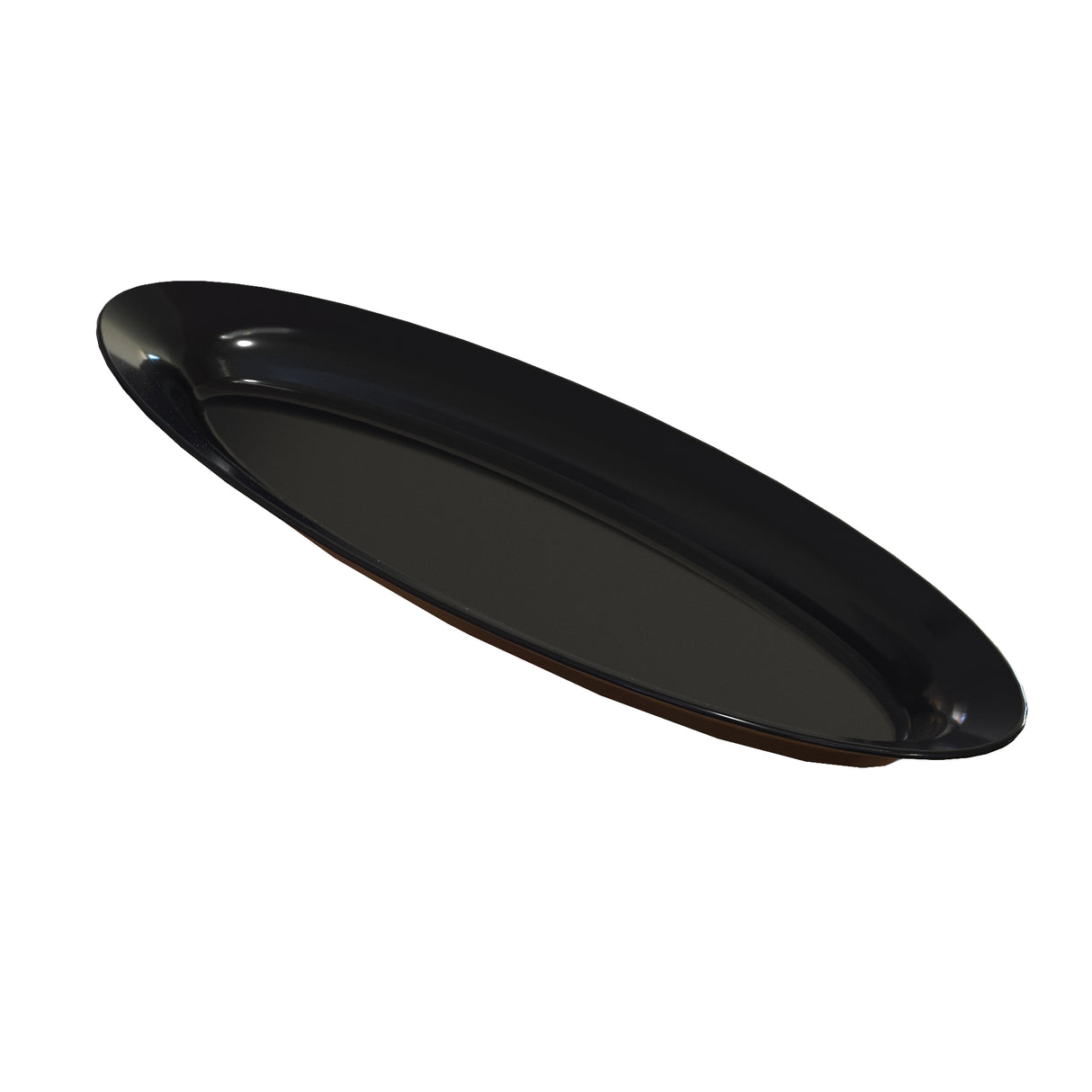 A glossy, elongated, oval-shaped cast aluminum platter is shown against a plain white background. The platter has gently curved edges and a smooth, reflective surface, giving it a sleek and modern appearance.