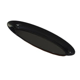 A glossy, elongated, oval-shaped cast aluminum platter is shown against a plain white background. The platter has gently curved edges and a smooth, reflective surface, giving it a sleek and modern appearance.