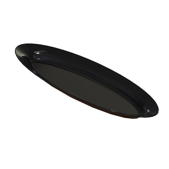 A glossy, elongated, oval-shaped cast aluminum platter is shown against a plain white background. The platter has gently curved edges and a smooth, reflective surface, giving it a sleek and modern appearance.