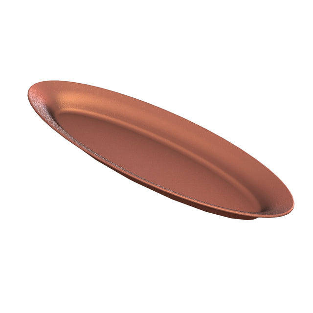 A shallow, oval-shaped cast aluminum platter with a copper finish and gently raised edges, viewed at an angle against a plain white background. The King Fish Platter has a smooth surface and a subtle metallic sheen.