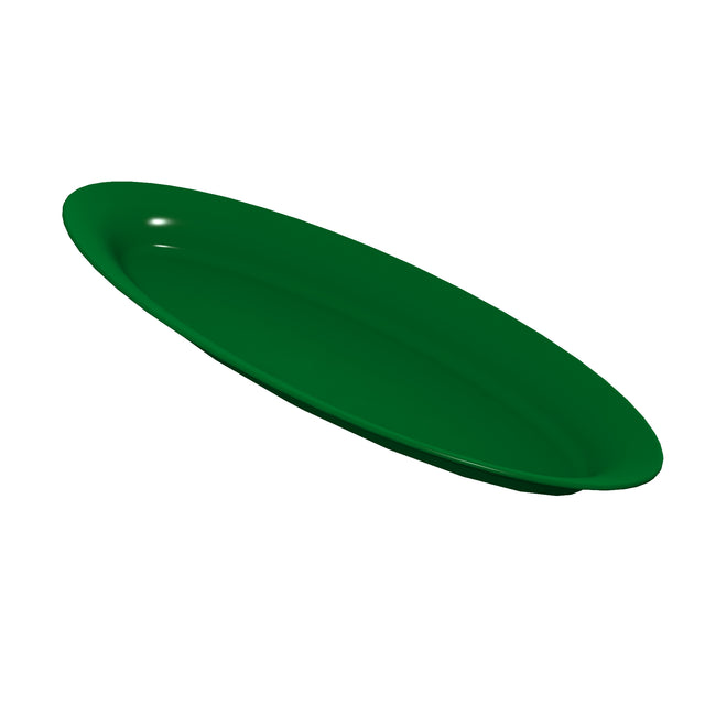A plain, long, oval-shaped King Fish Platter with a shiny, solid dark green Duracoat coated aluminum surface. The plate is viewed at an angle, showing its depth and smooth edges, set against a white background.